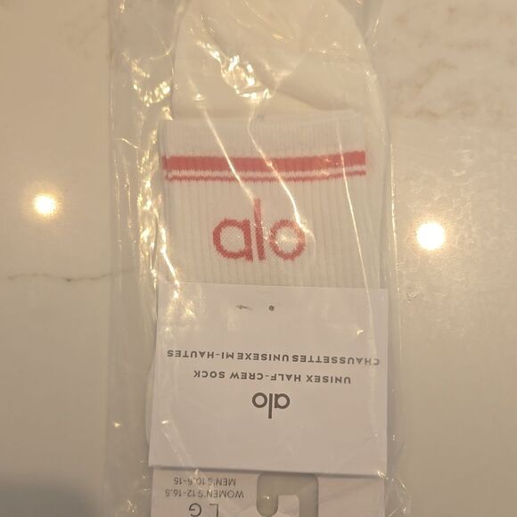 ALO Yoga White Crew Socks with Coral  Accents - Picture 3 of 4